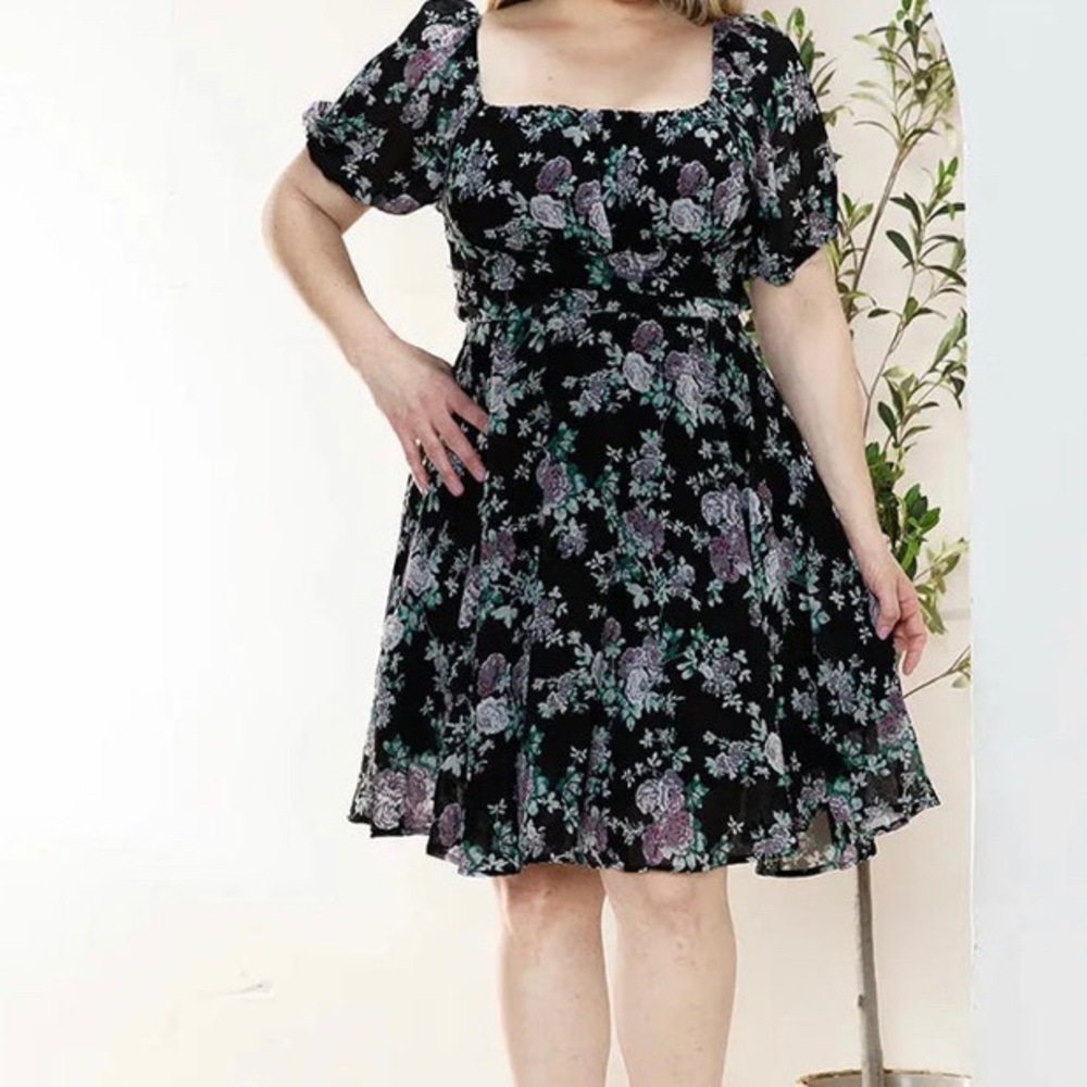 Floral Black Dress with Purple and Green Accents